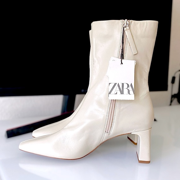 ZARA Ivory Soft Leather High Heeled Ankle Boots - Picture 7 of 16